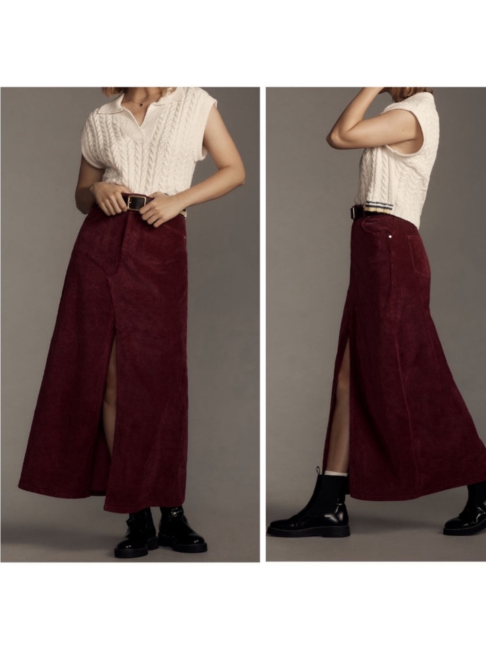 NWT Anthropologie Pilcro Corduroy Maxi Skirt with Front Slit Fuchsia 12
